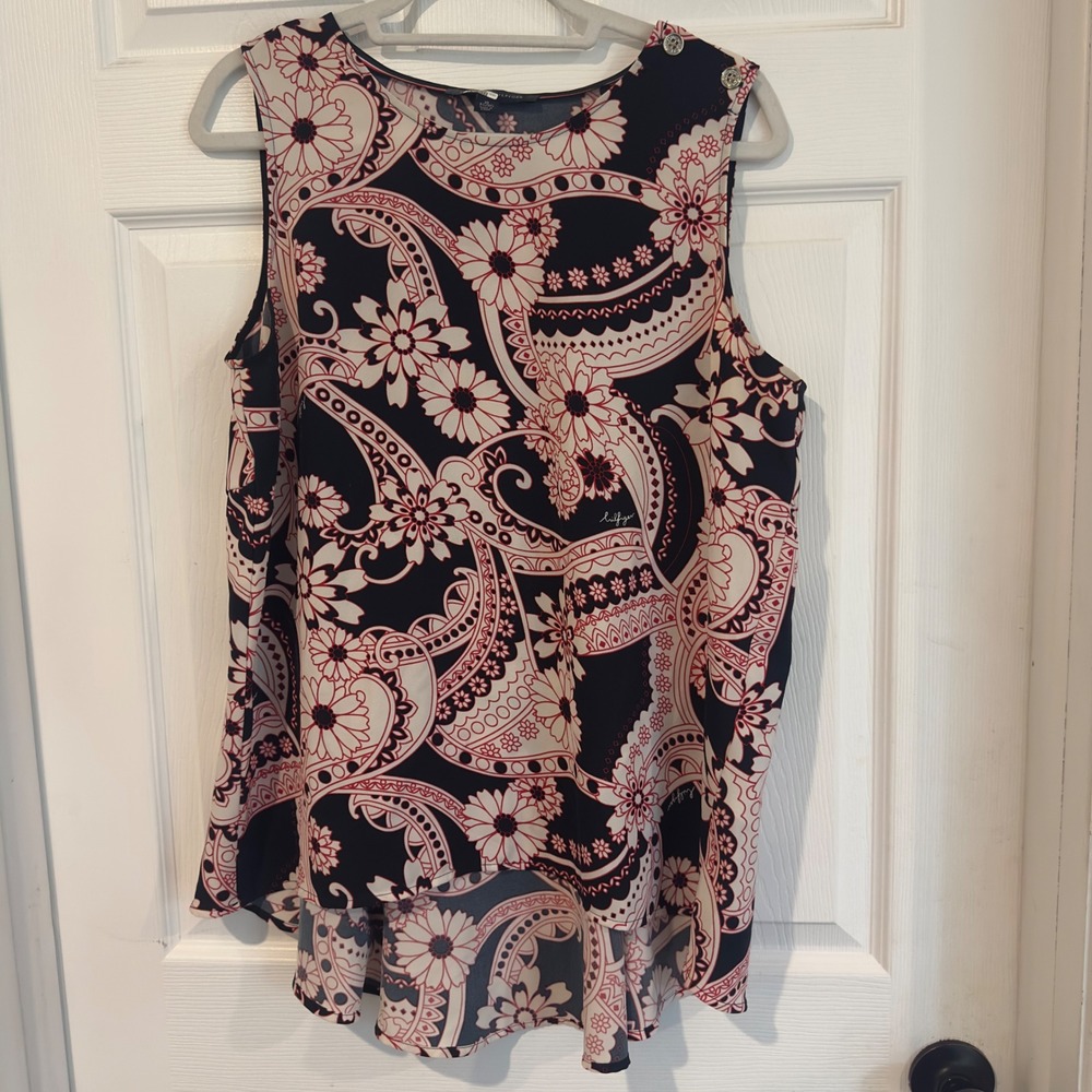 Tommy Hilfiger Womens XL Paisley Floral Sleeveless High-Low Blouse Navy Red
